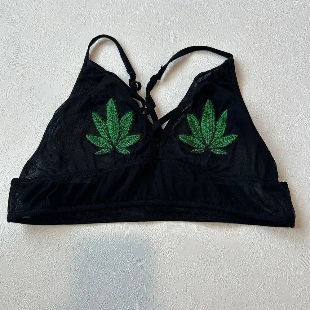 Spencers Black Mesh Bralette Leaf Embroidery Festival Alt Top S